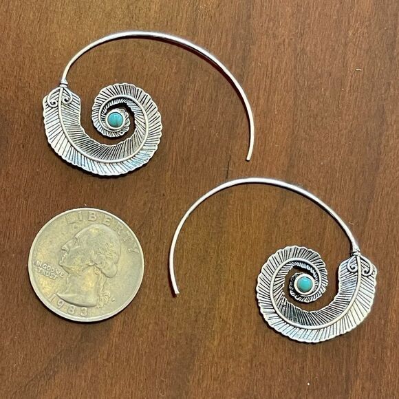 Medium Silver Feather Spiral Earrings in Red or Turquoise Blue #687 - Picture 9 of 15